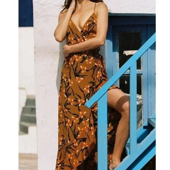 L*SPACE Wendy Floral Wrap Maxi Cover up DRESS Size XS Love Song Orange NEW $158 - Picture 6 of 12